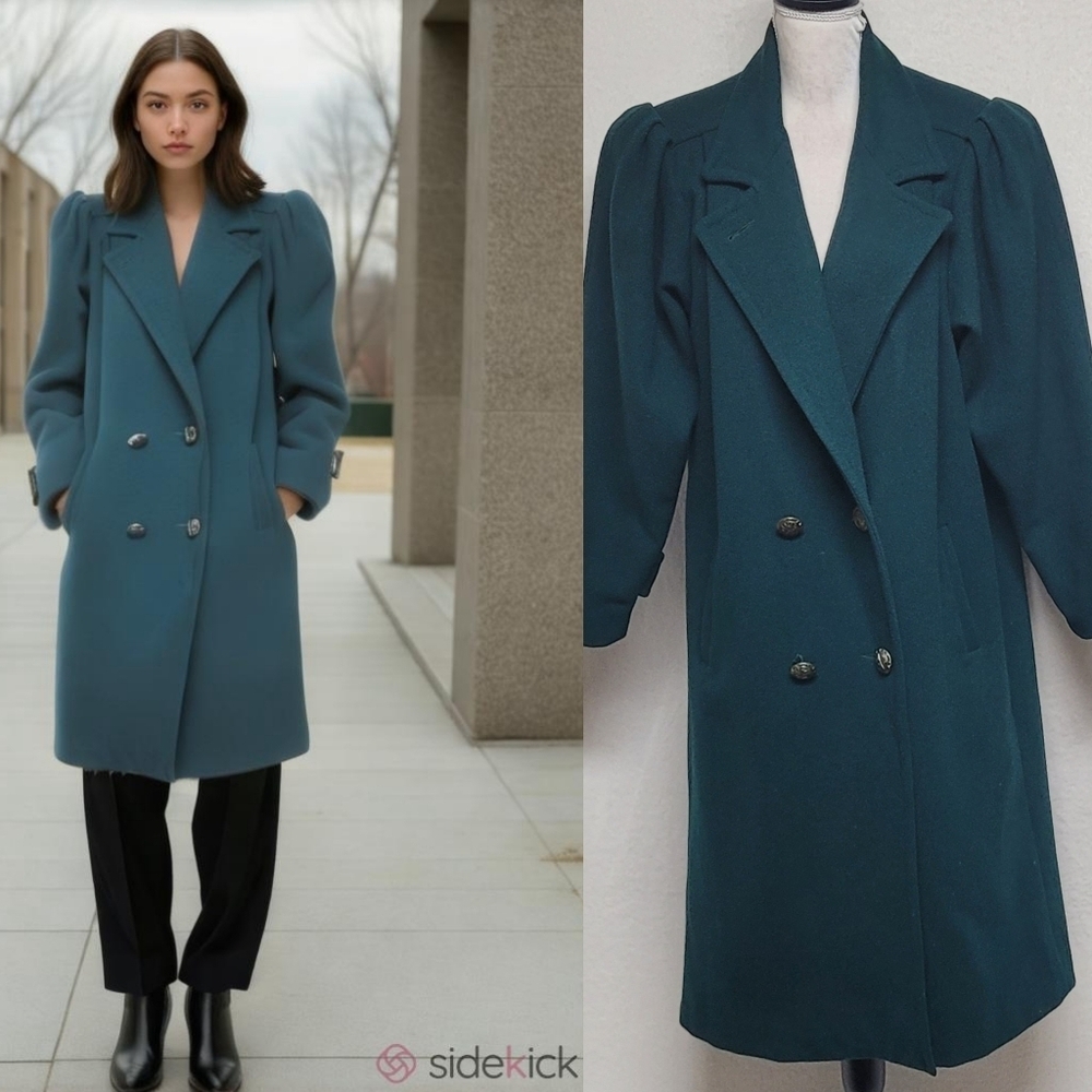 80s Vintage Braetan Spruce Green Russian Wool Double Breasted Trench Overcoat